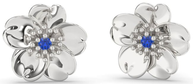 Blue Sapphire Silver Flower Stud Earrings