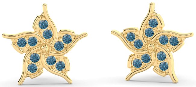 Blue Diamond Gold Flower Stud Earrings