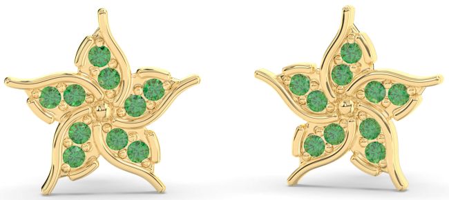 Emerald Gold Silver Flower Stud Earrings