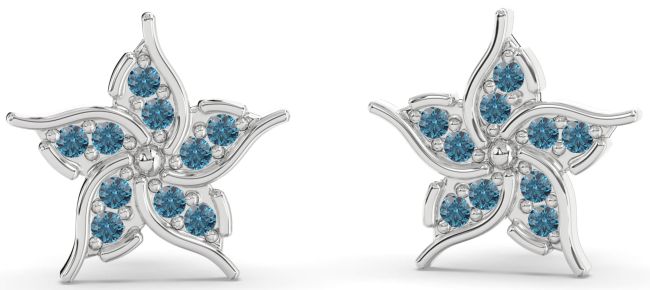 Blue Diamond Silver Flower Stud Earrings