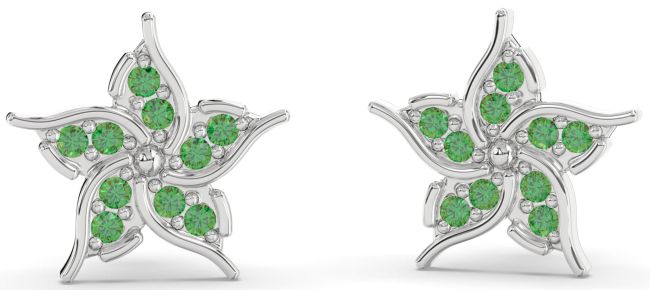 Emerald White Gold Flower Stud Earrings