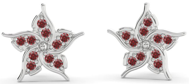 Garnet Silver Flower Stud Earrings