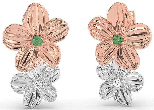 Diamond Emerald Rose Gold Silver Flower Dangle Earrings