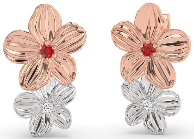 Diamond Ruby Silver & 10K Rose Gold Flower Dangle Earrings