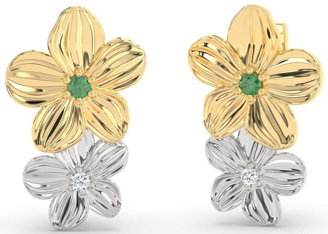 Diamond Emerald Gold Silver Flower Dangle Earrings