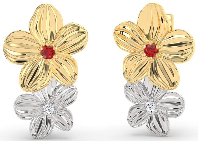 Diamond Ruby Platinum & Yellow Gold Flower Dangle Earrings
