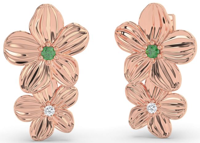 Diamond Emerald Rose Gold Flower Dangle Earrings
