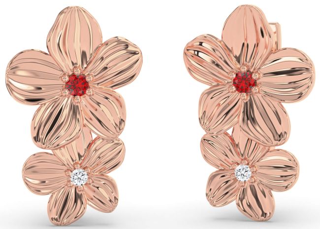 Diamond Ruby Rose Gold Flower Dangle Earrings