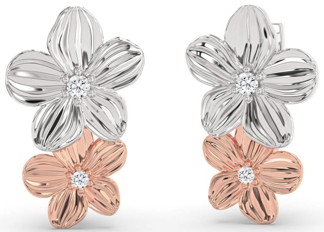 Diamond Rose Gold Silver Flower Dangle Earrings