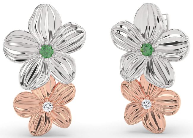 Diamond Emerald White Rose Gold Flower Dangle Earrings