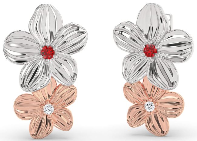 Diamond Ruby Rose Gold Silver Flower Dangle Earrings