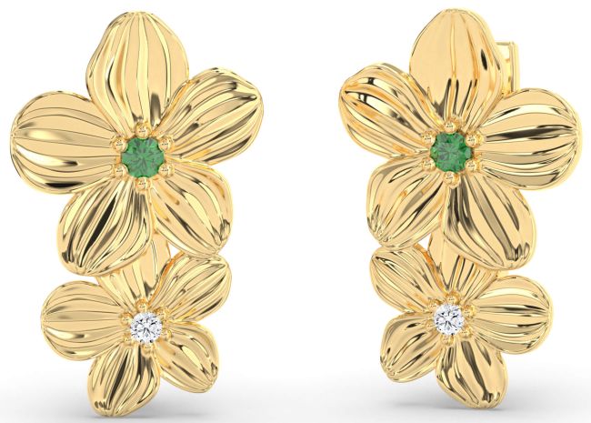 Diamond Emerald Gold Flower Dangle Earrings