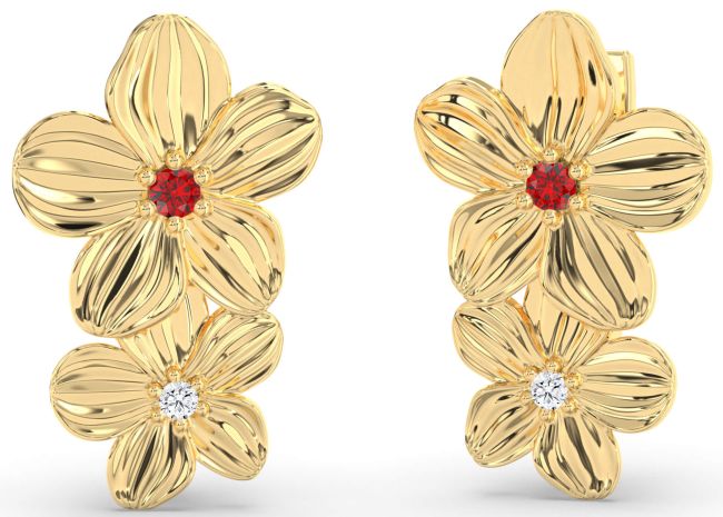 Diamond Ruby Gold Silver Flower Dangle Earrings