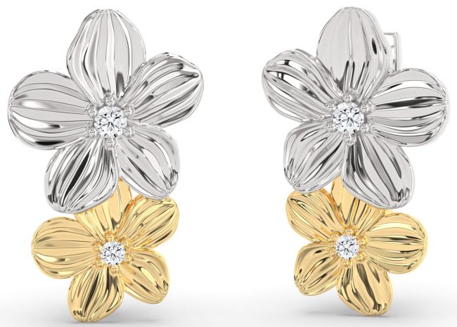 Diamond Gold Silver Flower Dangle Earrings