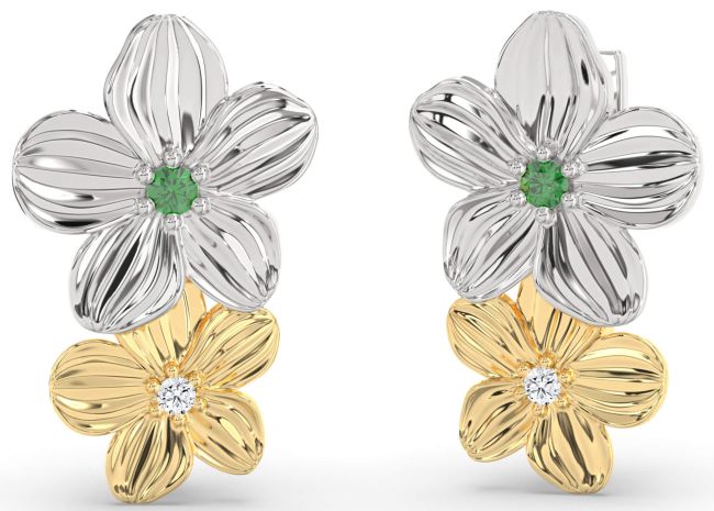 Diamond Emerald Gold Silver Flower Dangle Earrings