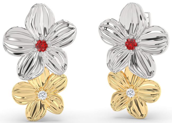 Diamond Ruby Platinum & Yellow Gold Flower Dangle Earrings