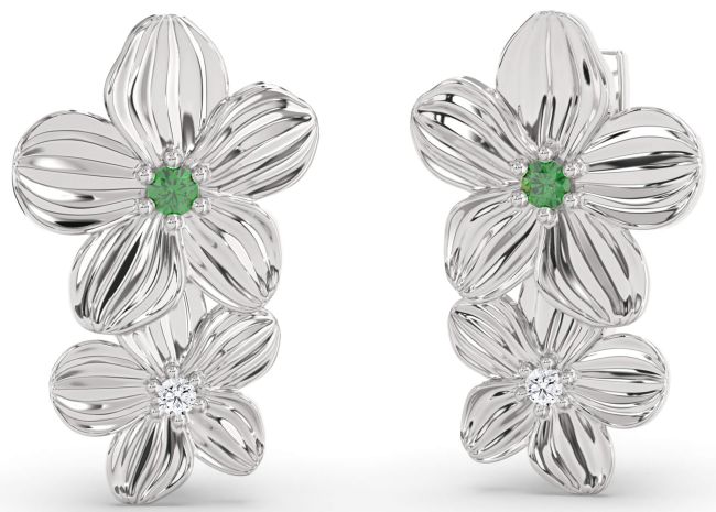 Diamond Emerald White Gold Flower Dangle Earrings
