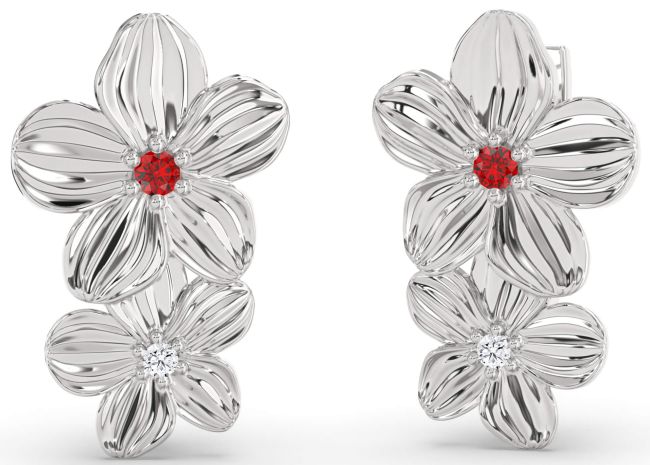 Diamond Ruby Silver Flower Dangle Earrings