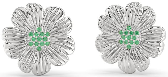 Emerald Platinum Flower Stud Earrings