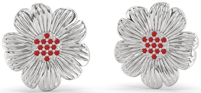 Ruby Platinum Flower Stud Earrings
