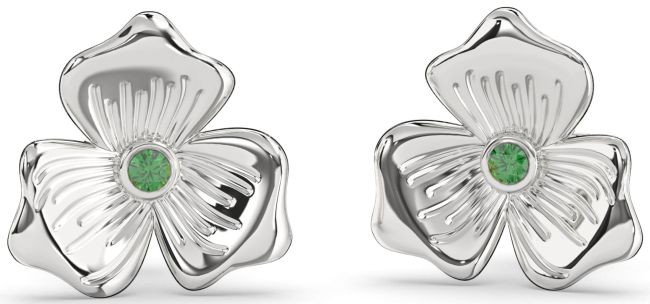 Emerald Platinum Flower Stud Earrings