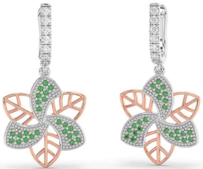 Emerald Platinum & Rose Gold Flower Dangle Earrings
