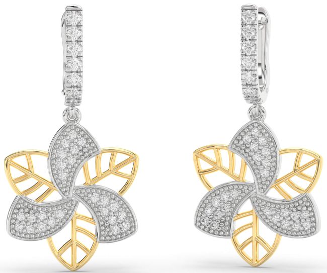 Diamond Gold Silver Flower Dangle Earrings