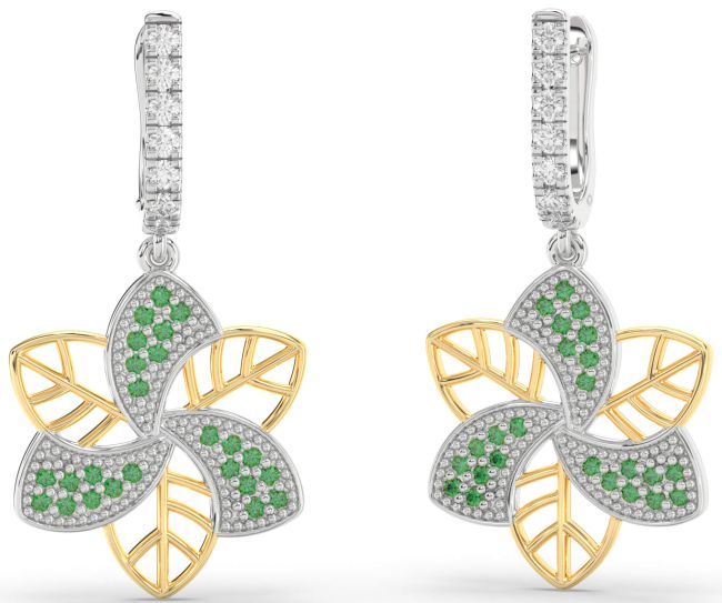 Emerald Platinum & Yellow Gold Flower Dangle Earrings