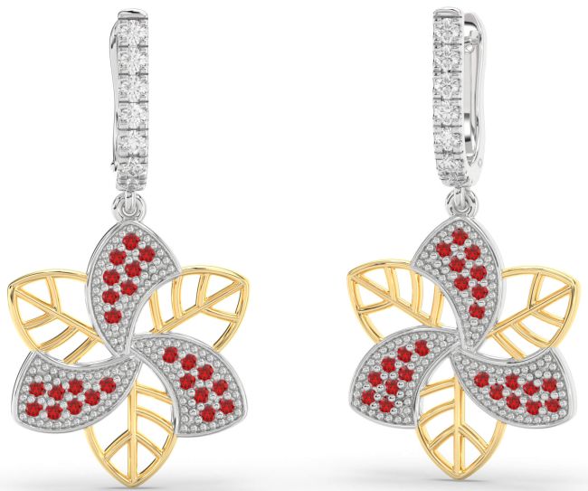 Ruby White Yellow Gold Flower Dangle Earrings