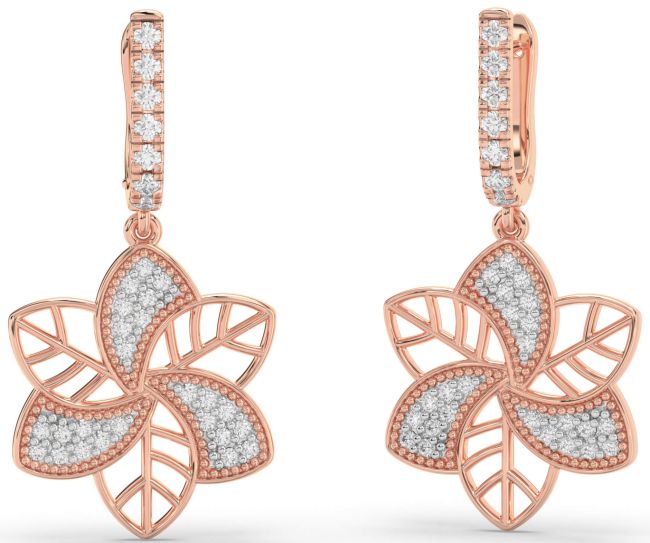 Diamond Rose Gold Silver Flower Dangle Earrings