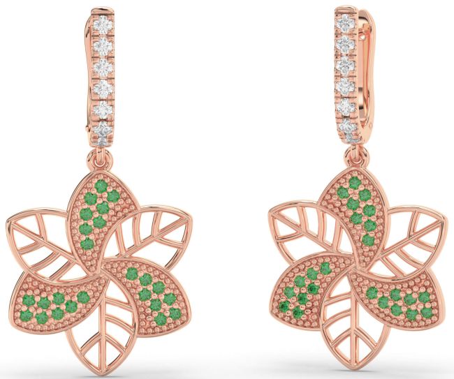 Emerald Rose Gold Flower Dangle Earrings