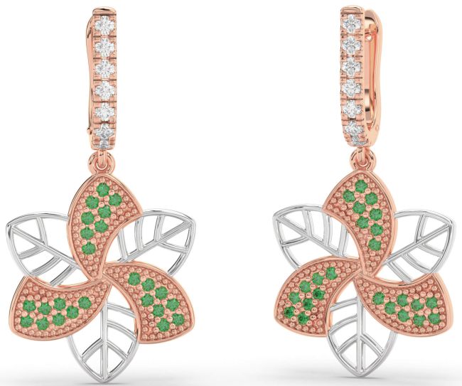 Emerald White Rose Gold Flower Dangle Earrings