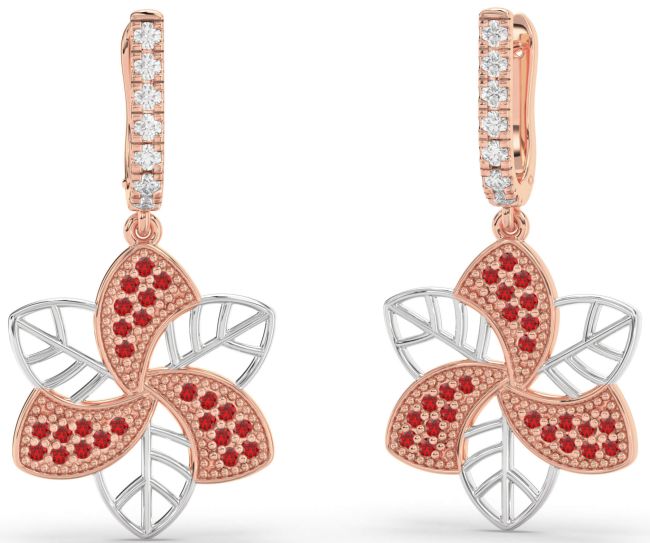 Ruby White Rose Gold Flower Dangle Earrings
