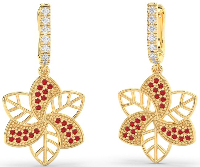 Ruby Gold Silver Flower Dangle Earrings