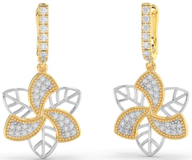 Diamond Gold Silver Flower Dangle Earrings