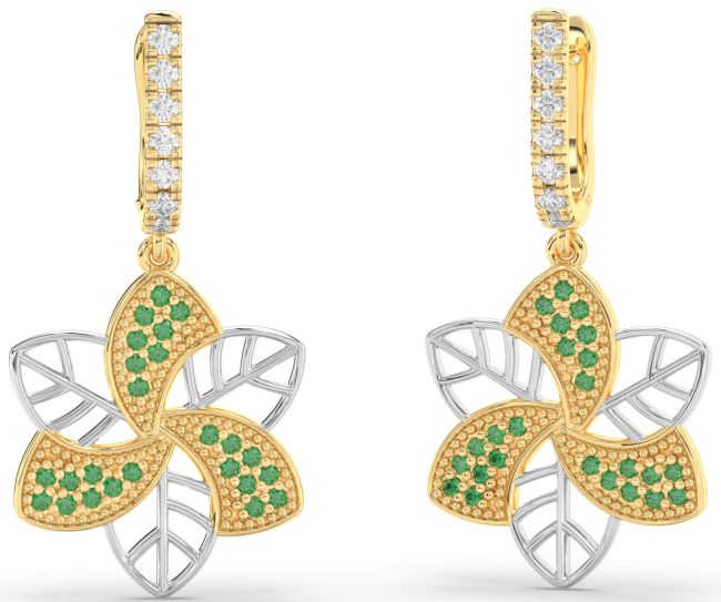 Emerald White Yellow Gold Flower Dangle Earrings