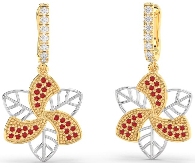 Ruby Gold Silver Flower Dangle Earrings