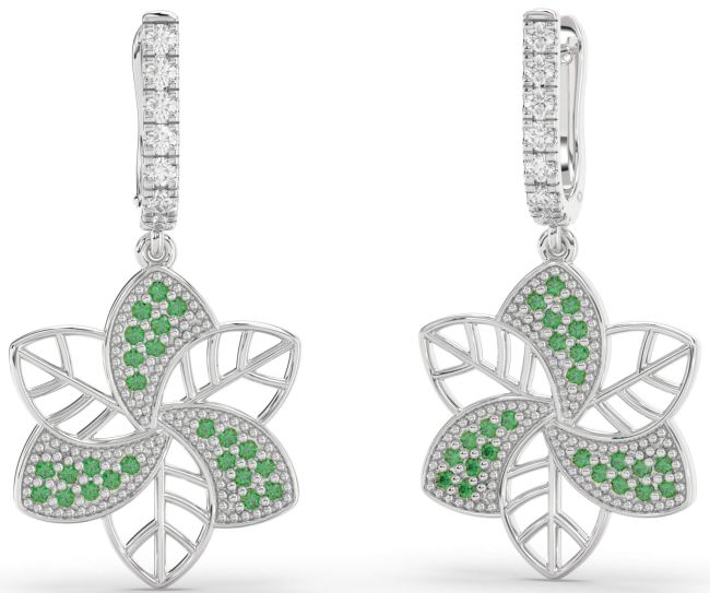 Emerald Platinum Flower Dangle Earrings