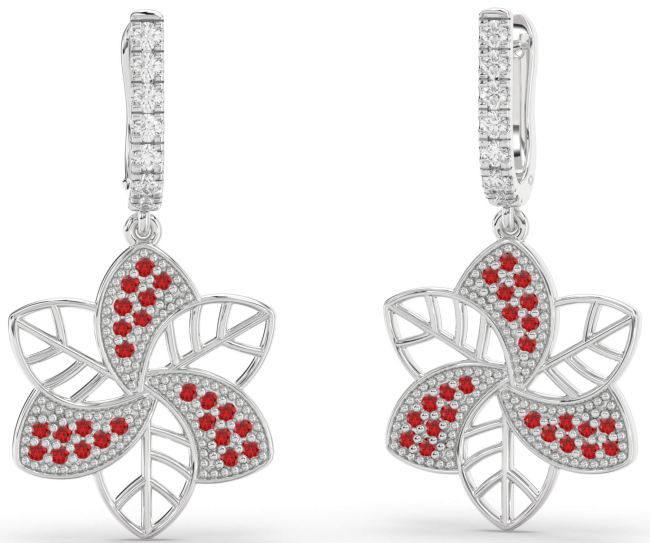 Ruby Silver Flower Dangle Earrings