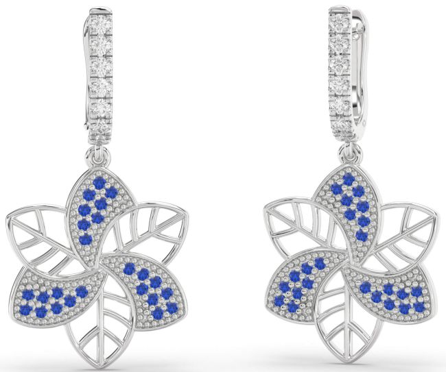 Blue Sapphire Silver Flower Dangle Earrings