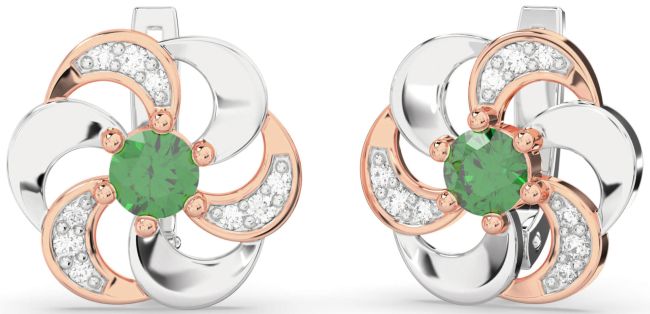 Diamond Emerald Rose Gold Silver Flower Stud Earrings