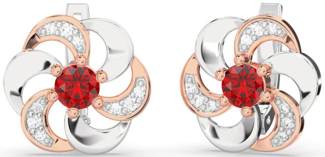 Diamond Ruby Silver & 10K Rose Gold Flower Stud Earrings