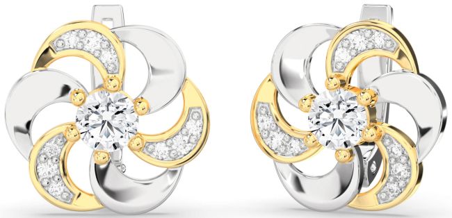 Diamond Gold Silver Flower Stud Earrings