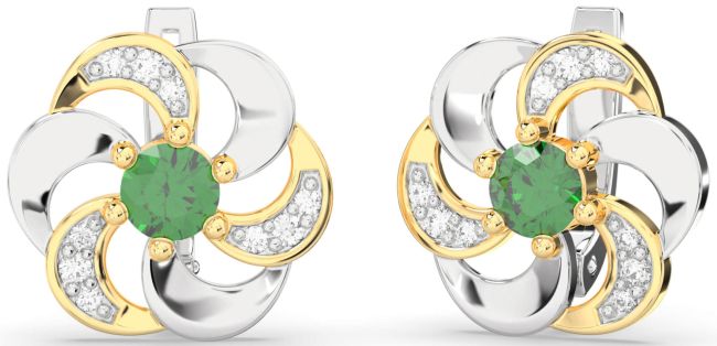 Diamond Emerald Gold Silver Flower Stud Earrings