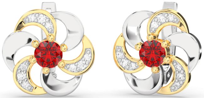 Diamond Ruby Gold Silver Flower Stud Earrings