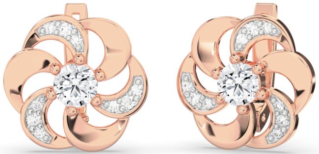 Diamond Rose Gold Silver Flower Stud Earrings