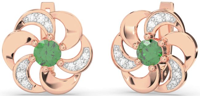 Diamond Emerald Rose Gold Flower Stud Earrings