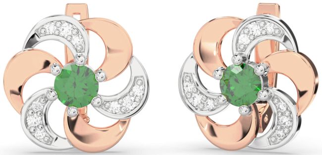 Diamond Emerald White Rose Gold Flower Stud Earrings