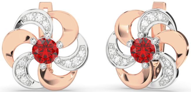 Diamond Ruby Rose Gold Silver Flower Stud Earrings