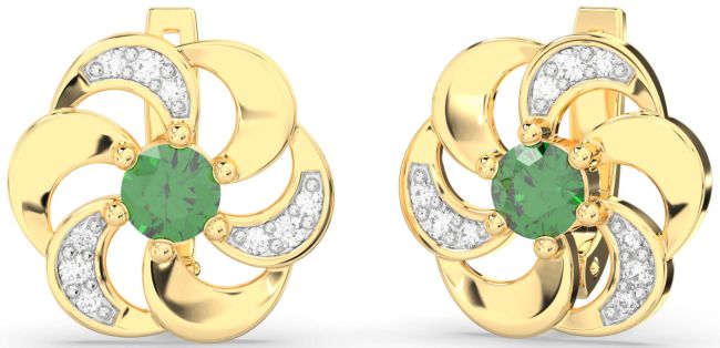 Diamond Emerald Gold Flower Stud Earrings